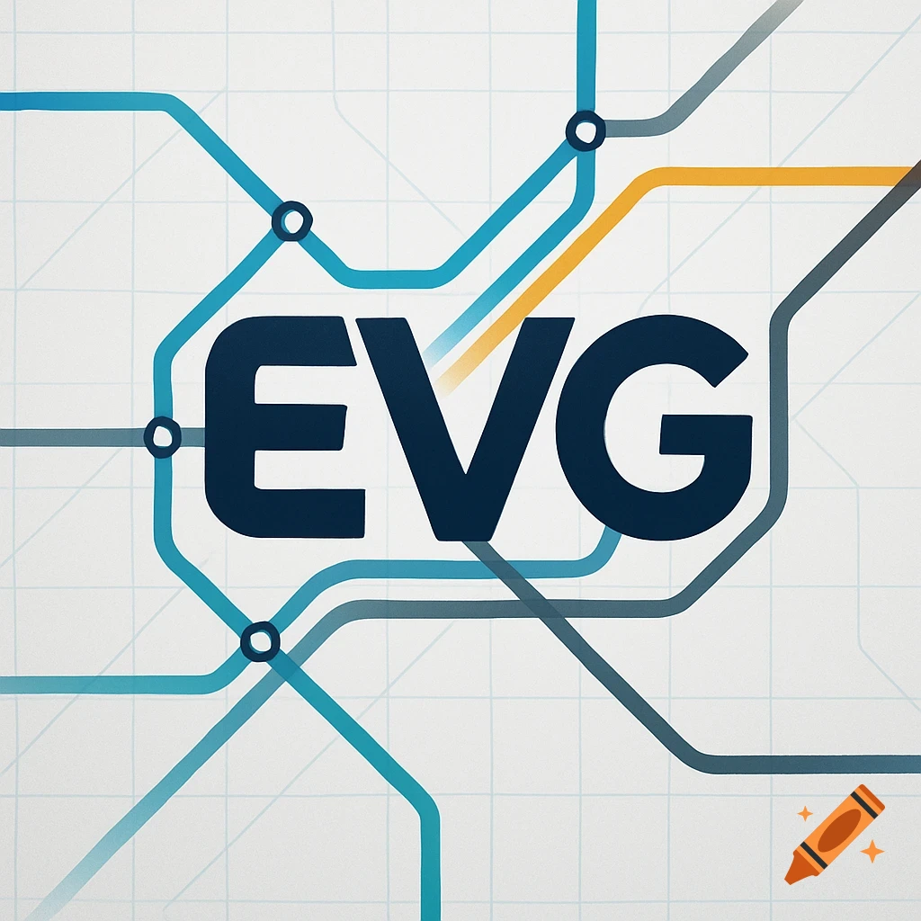 Logo with dark blue 'EVG' text over a stylized metro map with blue, teal, gray, and orange lines on a white grid.