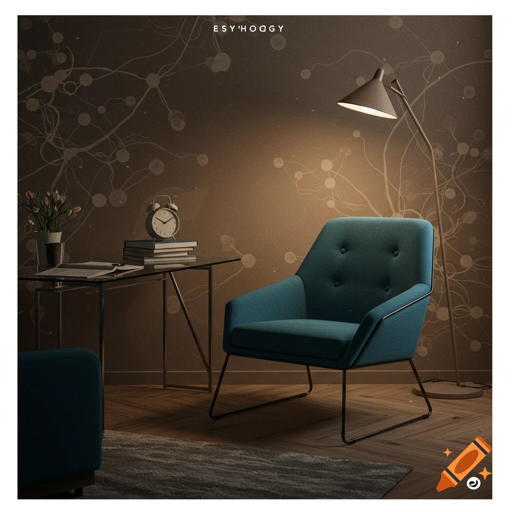 A dimly lit modern interior with a teal armchair, a glass desk, a floor lamp, and patterned wallpaper.