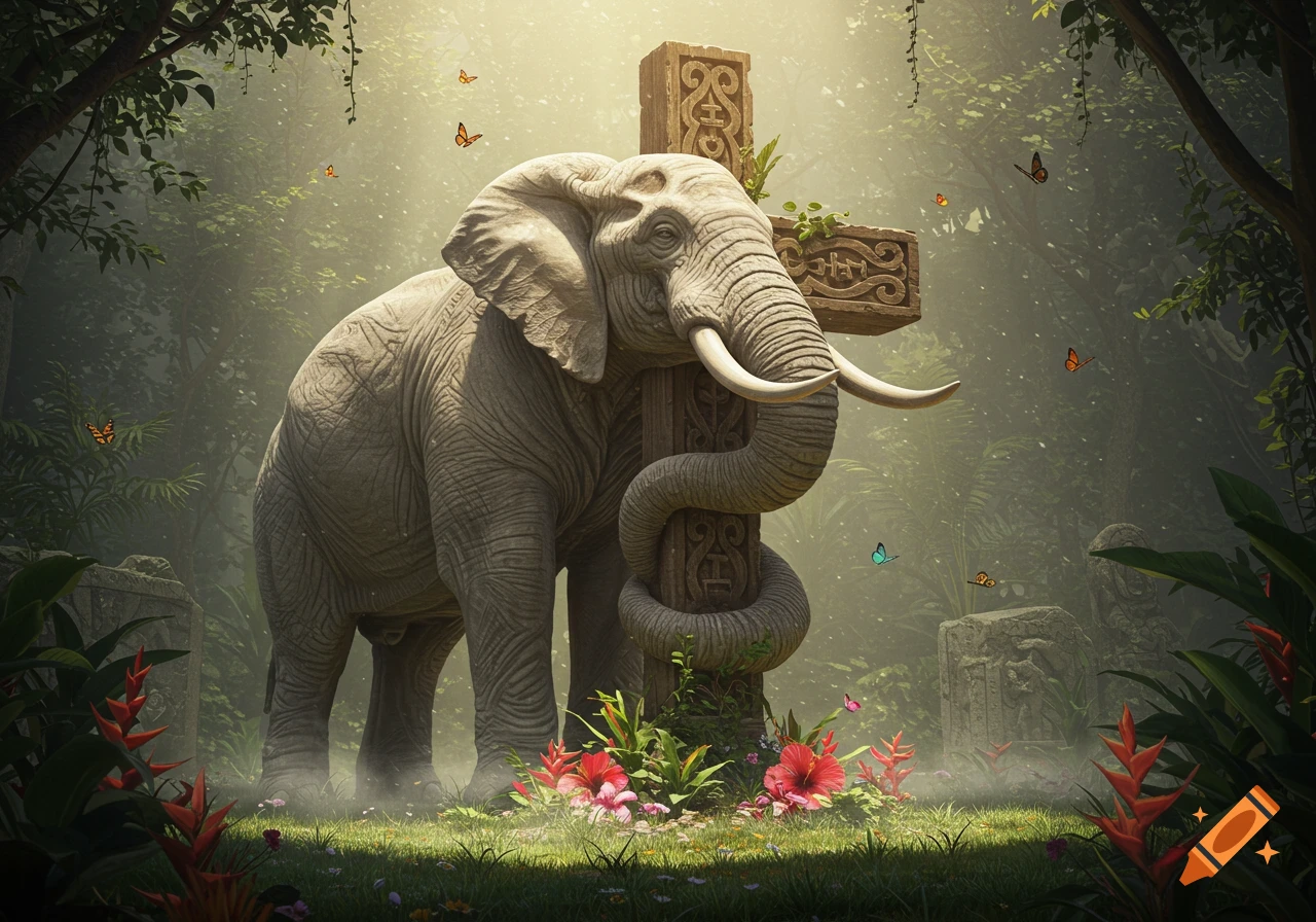 A majestic elephant with its trunk wrapped around a large, ornate wooden cross in a lush, sun-dappled jungle with butterflies. Photorealistic.
