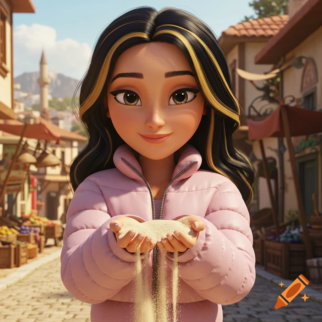 A cartoon girl with dark hair and gold highlights, in a pink puffer jacket, holds sand in her hands on a Turkish street.