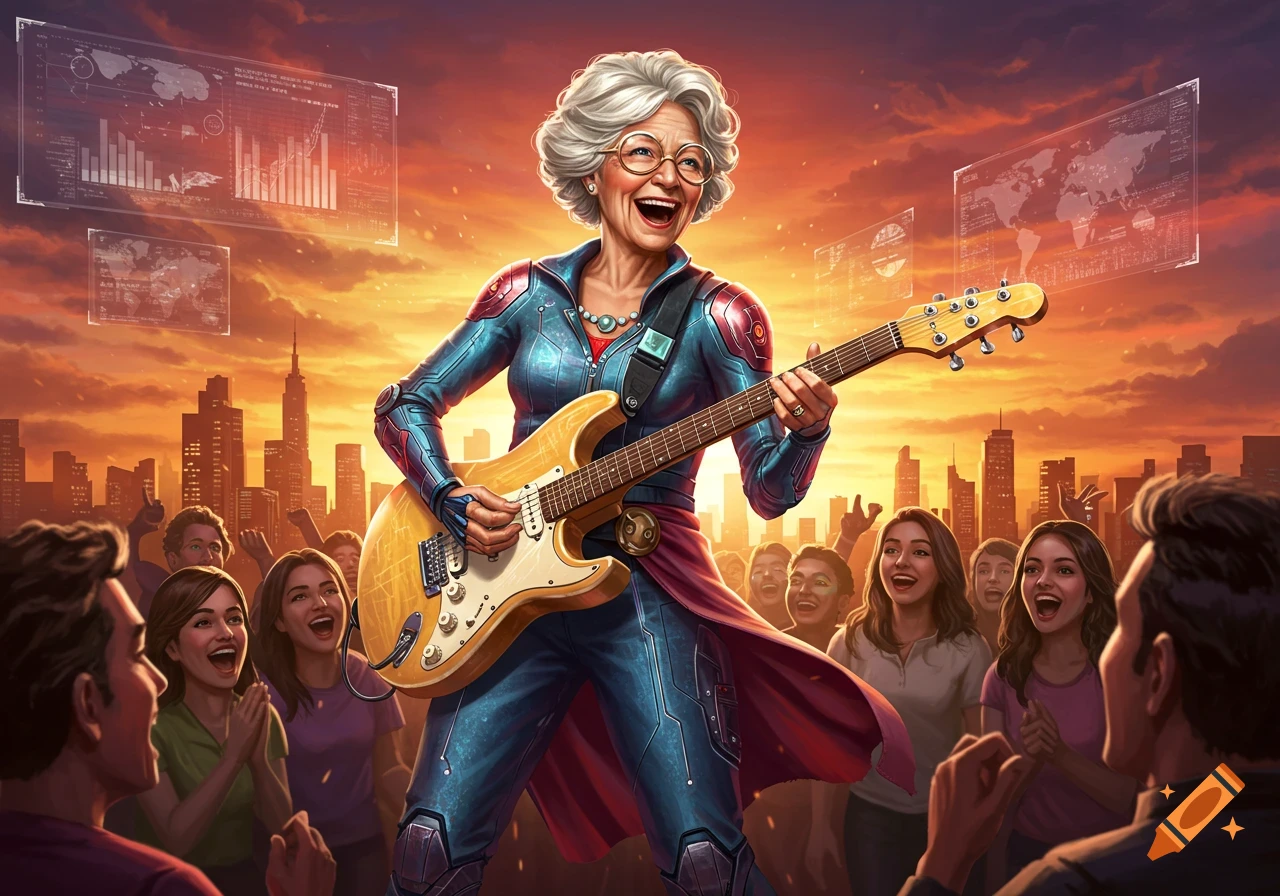 A joyful superhero grandma in a futuristic suit plays guitar on stage to a cheering crowd, with holographic data screens in the background.