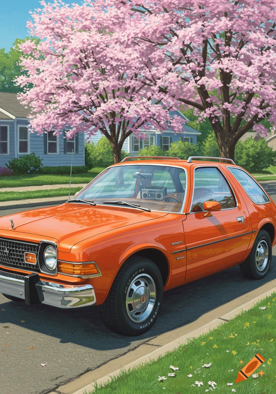 An orange 1977 AMC Pacer car parked on a suburban street under blooming pink cherry blossom trees, with houses in the background. The art style is illustrative.