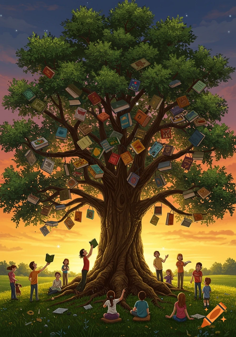 An illustrated fantasy scene of an oak tree with colorful books growing on its branches. People read and collect books in a field at sunset.