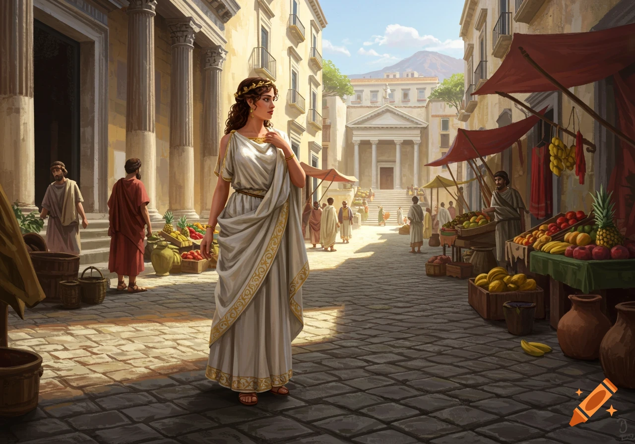 A Roman woman in a white toga stands in a bustling ancient marketplace with fruit stalls, classical buildings, and a mountain.