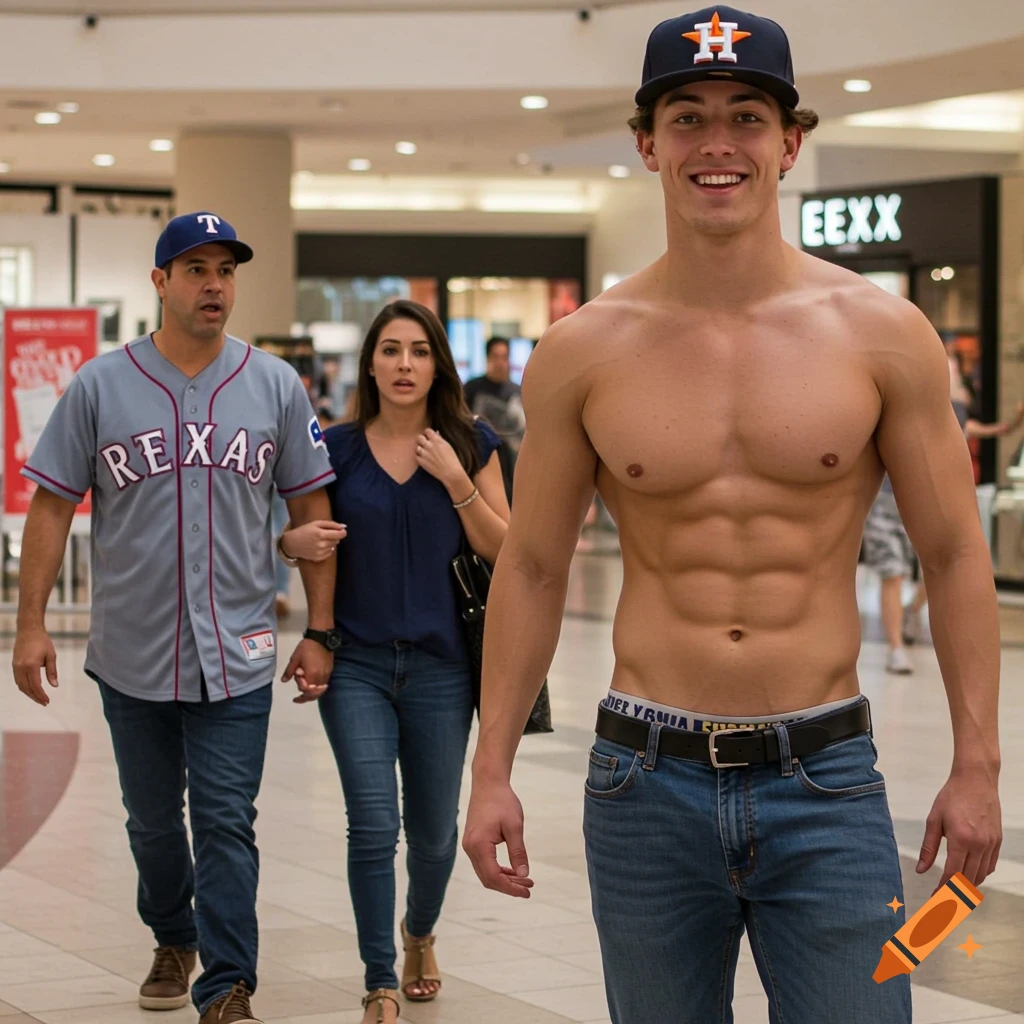 A man in a Texas Rangers jersey and his girlfriend in a mall glance at a shirtless man in jeans and a Houston Astros cap, smiling confidently.