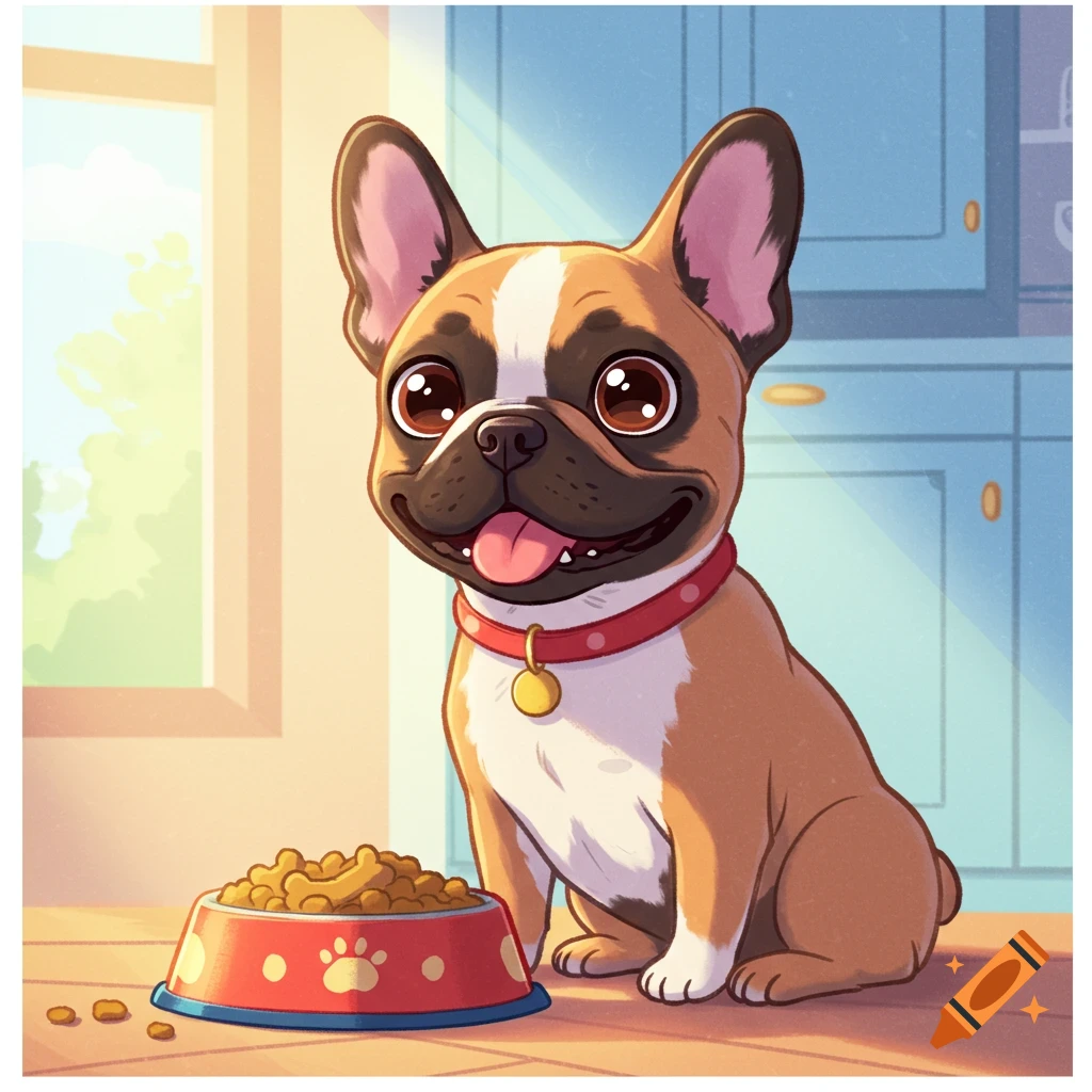 A cute cartoon-style French Bulldog with a red collar happily sits beside a bowl of kibble, looking up with big eyes, in a bright kitchen.