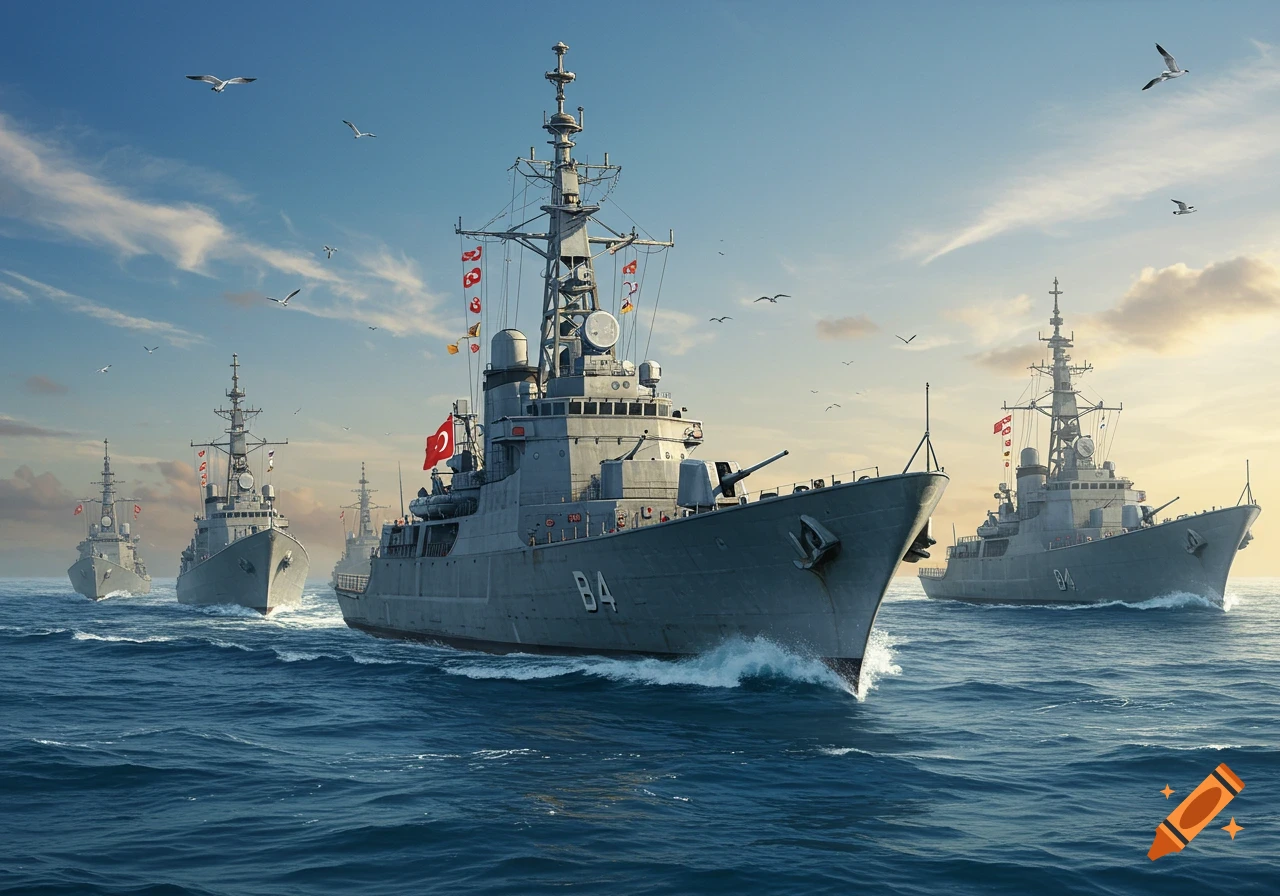 Several Turkish navy warships sail in formation on a choppy blue sea under a partly cloudy sky, with seagulls overhead.