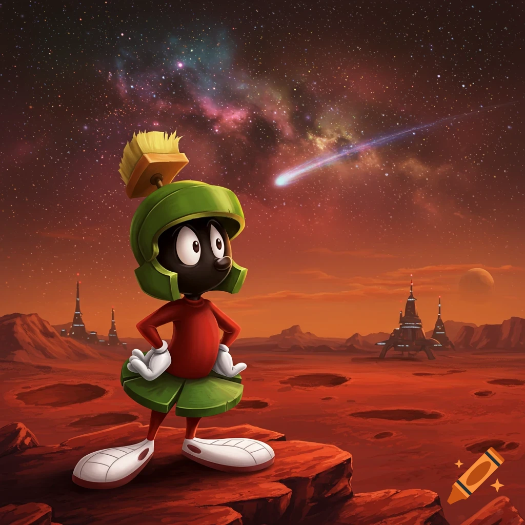 Cartoon Marvin the Martian stands on a red alien planet with spaceships, looking up at a starry sky with a shooting star.