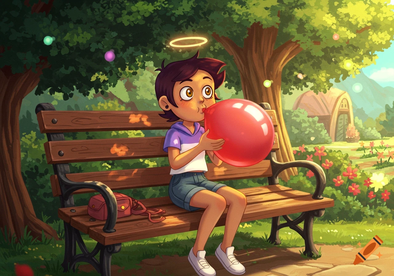 Luz Noceda, an animated character, sits on a park bench blowing a red balloon, surrounded by green trees and colorful flowers.