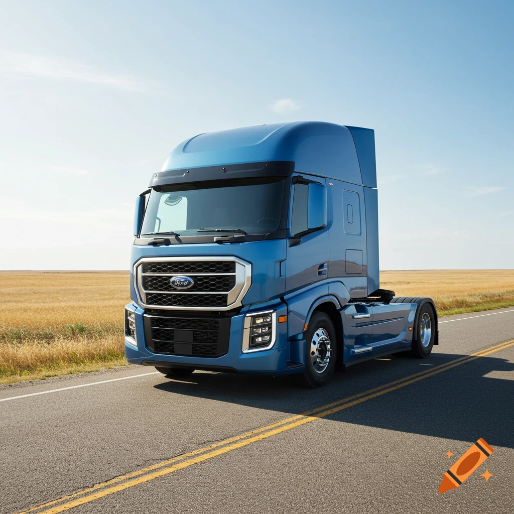 Photorealistic blue Ford semi-truck cab on a rural road with golden fields under a clear blue sky.