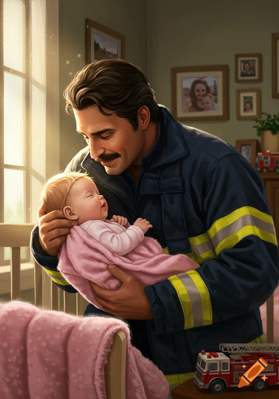 A caring fireman with a mustache holds and looks at his sleeping infant daughter in a sunlit home, illustrated in a warm digital painting style.