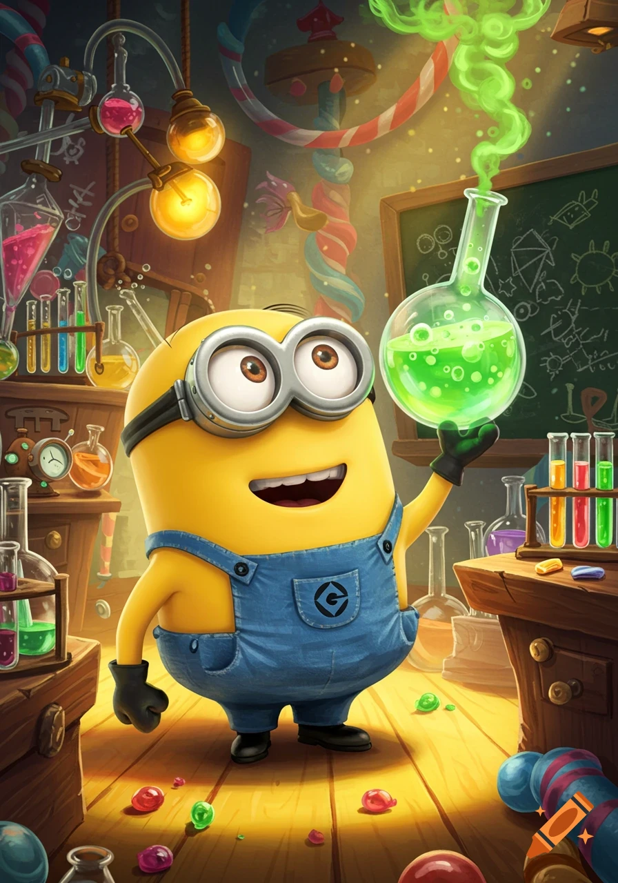 A smiling Minion in blue overalls holds a glowing green flask in a whimsical, colorful laboratory.