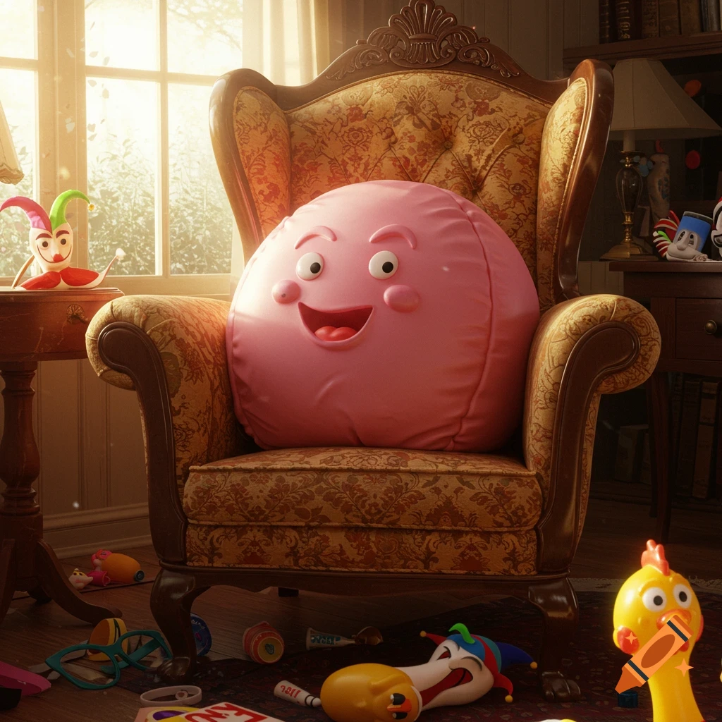 A happy, round pink character sits in an ornate armchair in a bright room with scattered toys on the floor, rendered in photorealistic 3D.