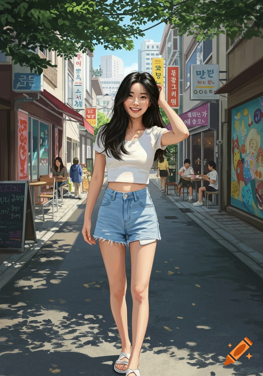 A smiling Korean woman with long dark hair, wearing a white cropped t-shirt and light blue denim shorts, walks on a sunny street lined with shops.