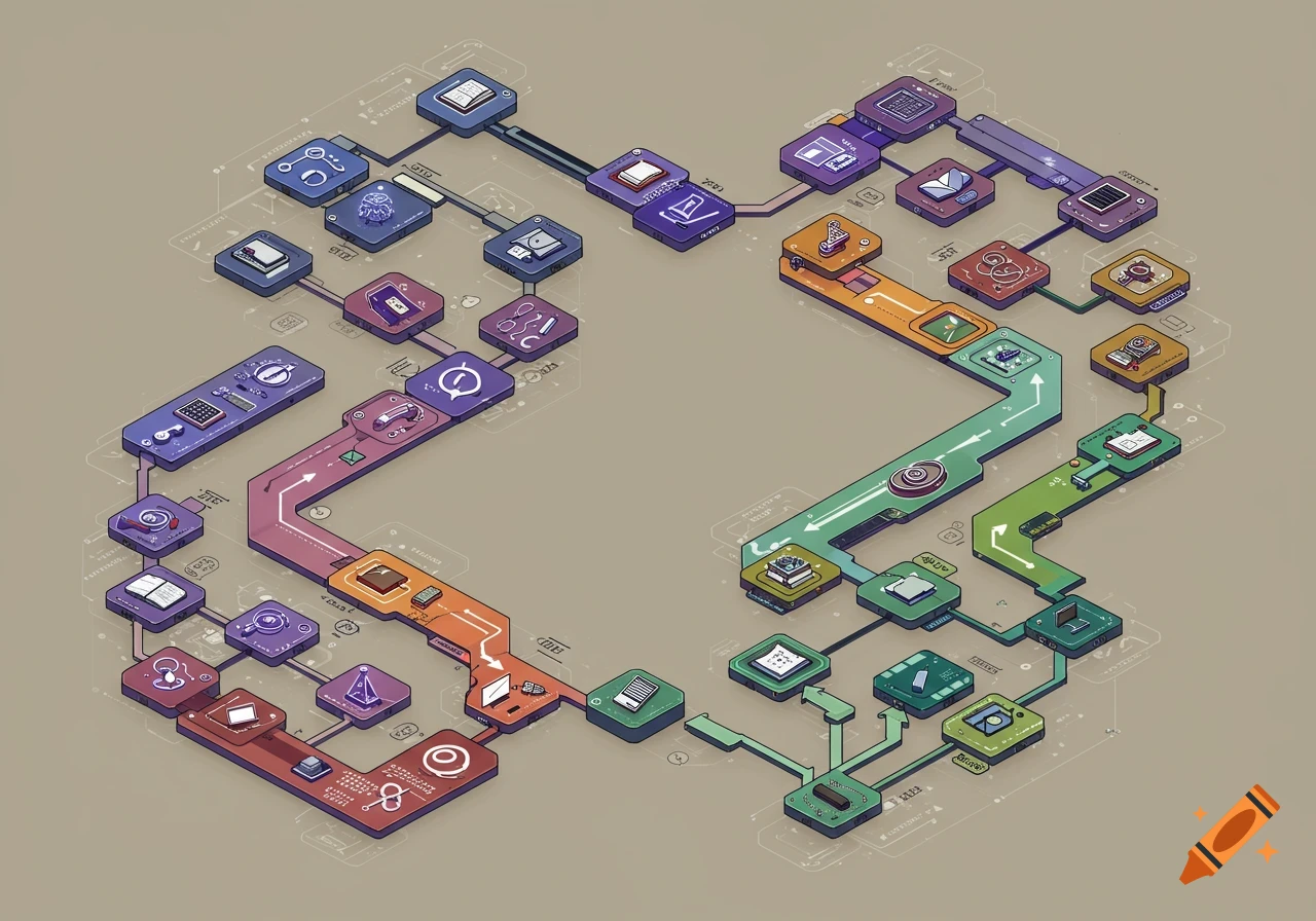 Isometric conceptual diagram of a virtual learning environment, with two winding paths of colorful interconnected nodes on a neutral background.