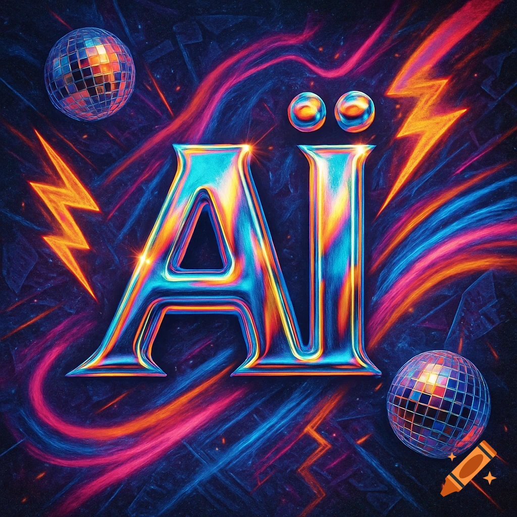 Stylized, metallic 'AI' letters in vibrant blue and orange hues, surrounded by abstract neon light trails, lightning bolts, and disco balls on a dark background.