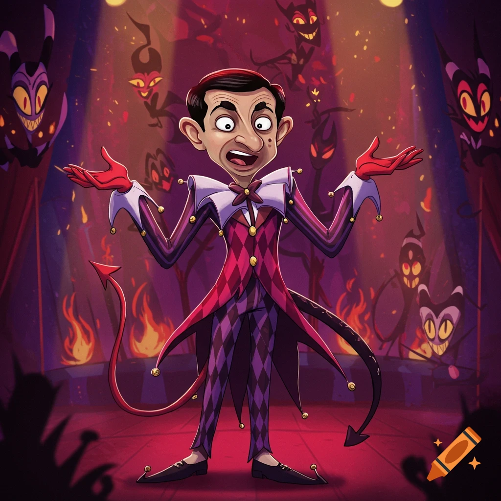 Animated Mr. Bean dressed as a jester-like demon, looking surprised amidst impish demons and fire in a dark setting.