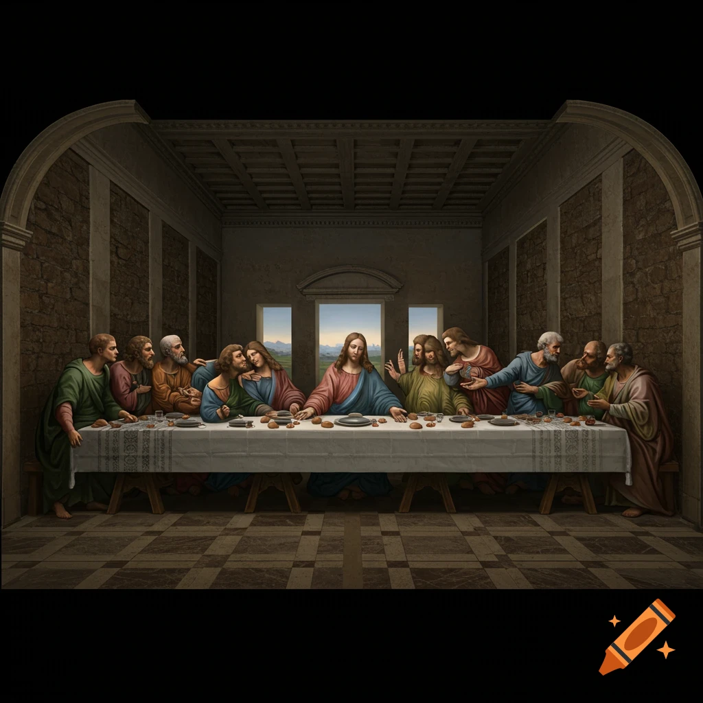 A richly detailed painting depicting Jesus and his twelve disciples seated around a long table in a spacious, dimly lit room.