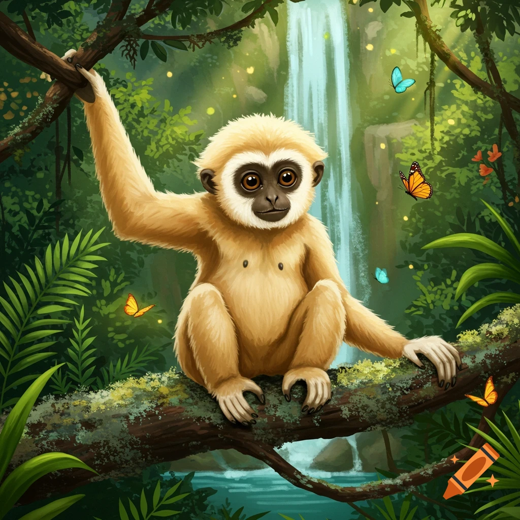 A cute, light-furred gibbon illustration sits on a mossy branch in a lush jungle with a waterfall and butterflies.