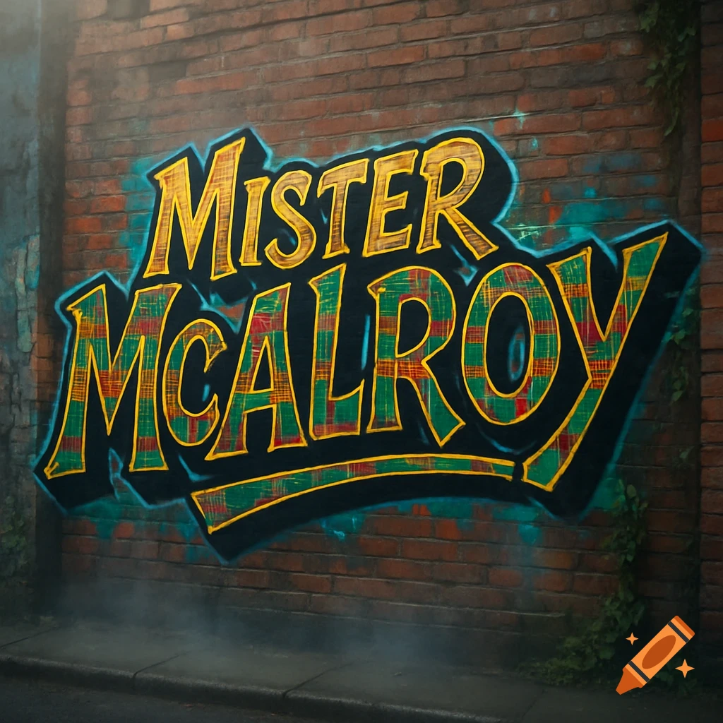 Graffiti on a brick wall spells "Mister McAlroy" in bold, stylized letters with a green and red tartan pattern, outlined in yellow and blue.