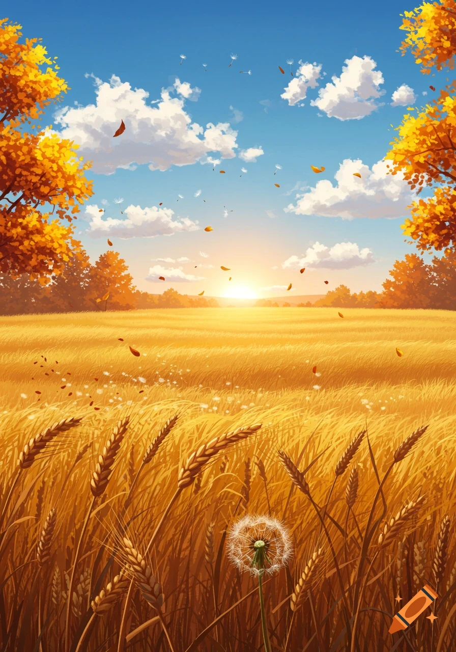 Golden wheat field at sunset under a blue sky with autumn trees, falling leaves, and a dandelion in an illustration style.