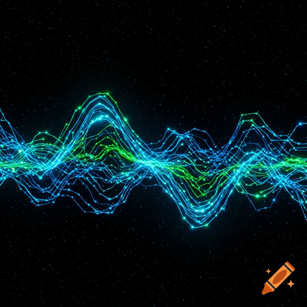 Glowing blue and green abstract circuit wave patterns against a dark, starry background.
