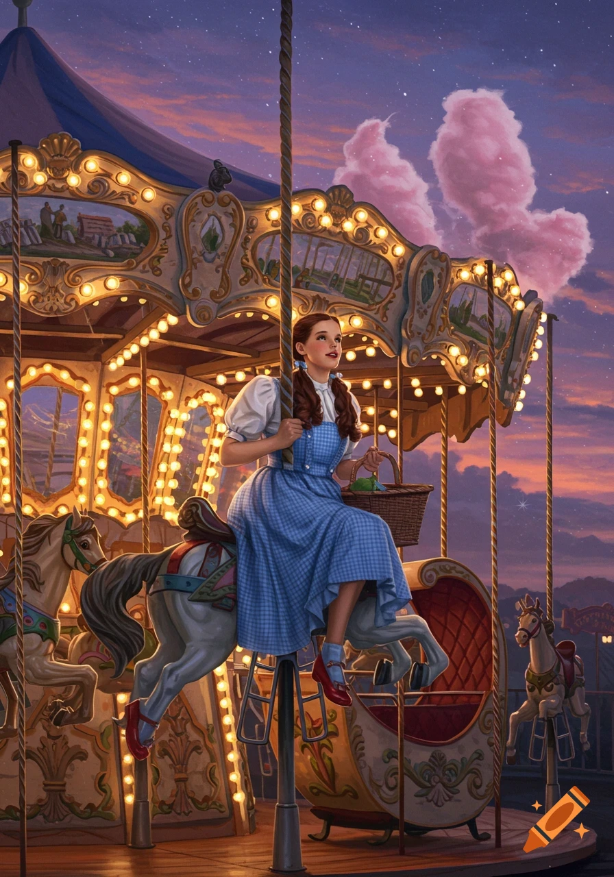 An illustration of Dorothy from Wizard of Oz riding a carousel horse at dusk with pink cotton candy clouds.