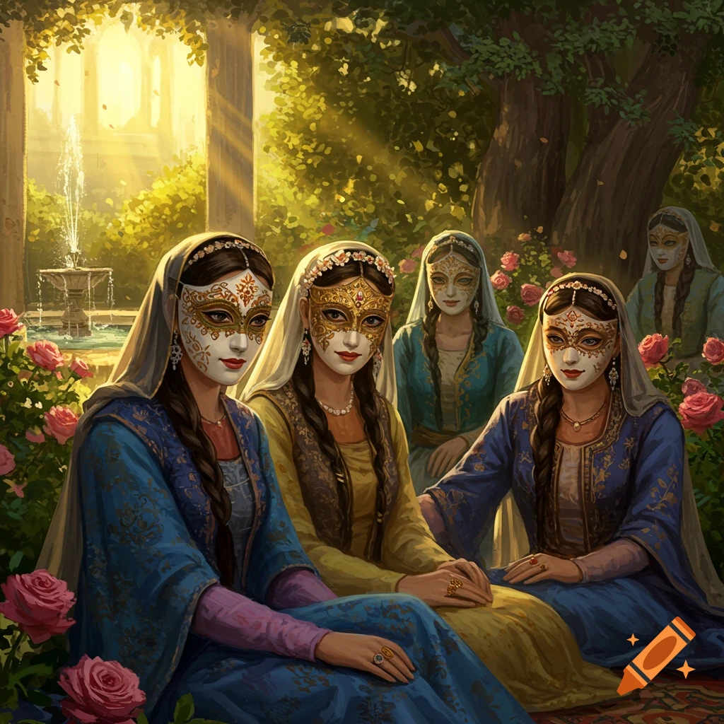 Five women in ornate dresses and elaborate gold and white masks sit in a sunlit garden with roses and a fountain.