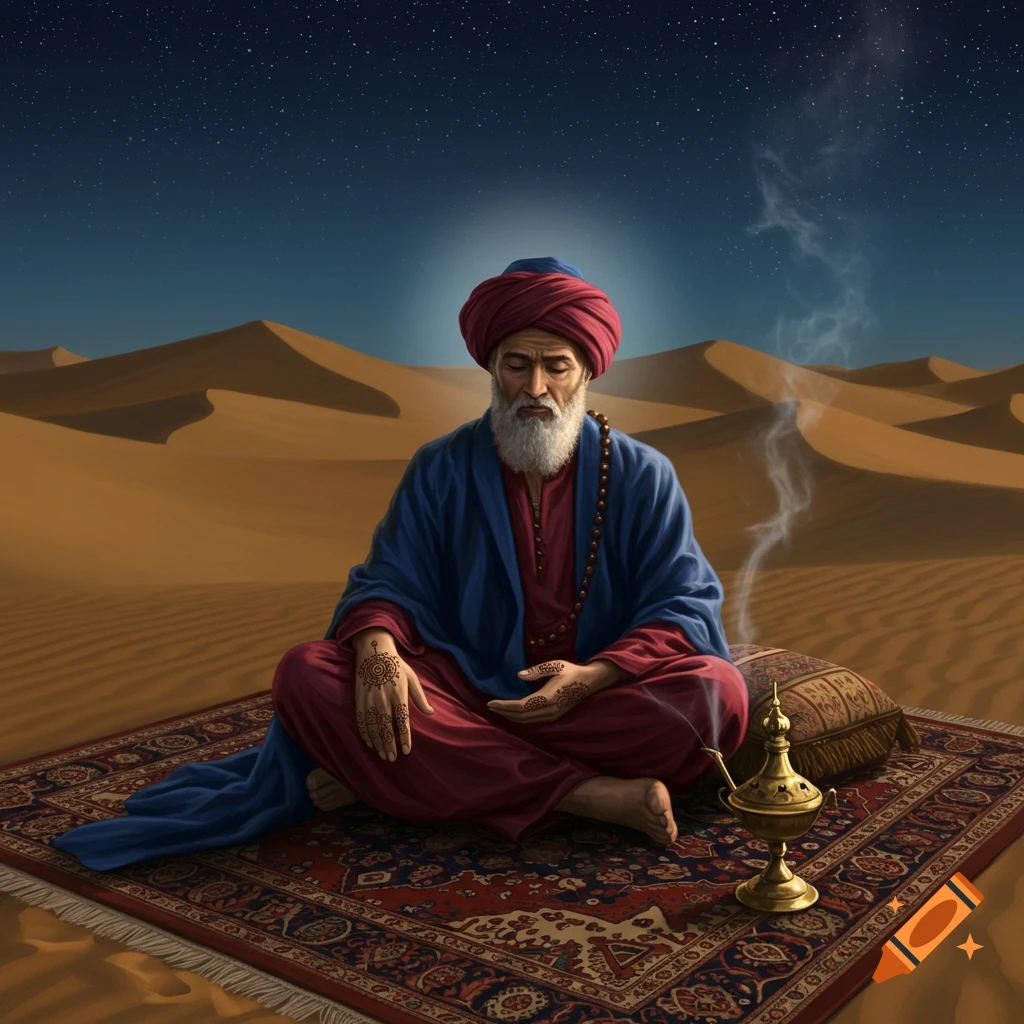 An old, bearded man with a red turban and blue robe sits on a patterned rug in a desert at night, meditating beside an incense burner.