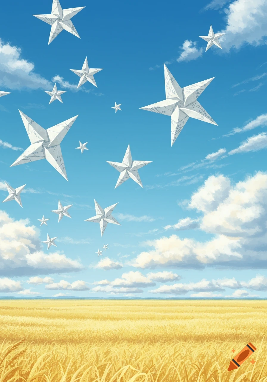 White paper stars float in a blue sky over a golden wheat field, in an illustrative style.
