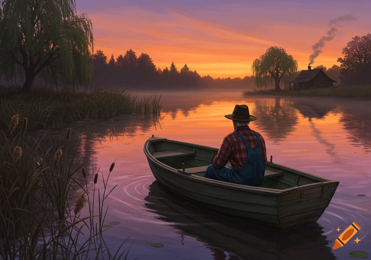 An old man in a rowboat on a misty lake at sunset, with a distant cabin and willow trees, in a painterly style.