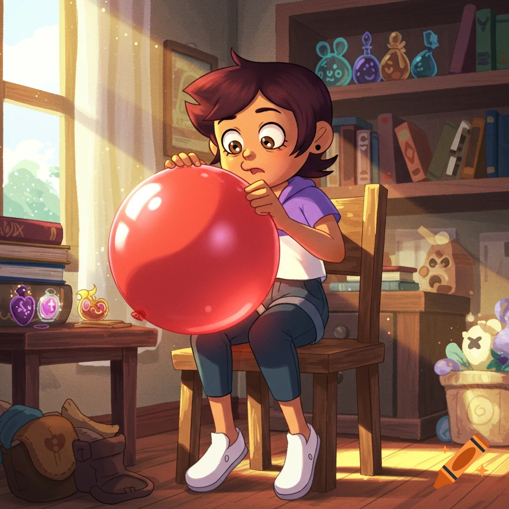 Animated Luz Noceda sits on a chair, concentrating as she blows up a large red balloon in a sunlit room.