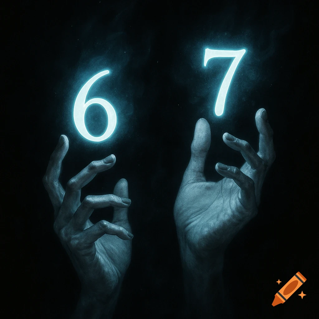 Two gaunt, ghostly hands emerge from darkness, holding up the glowing white numbers 6 and 7.