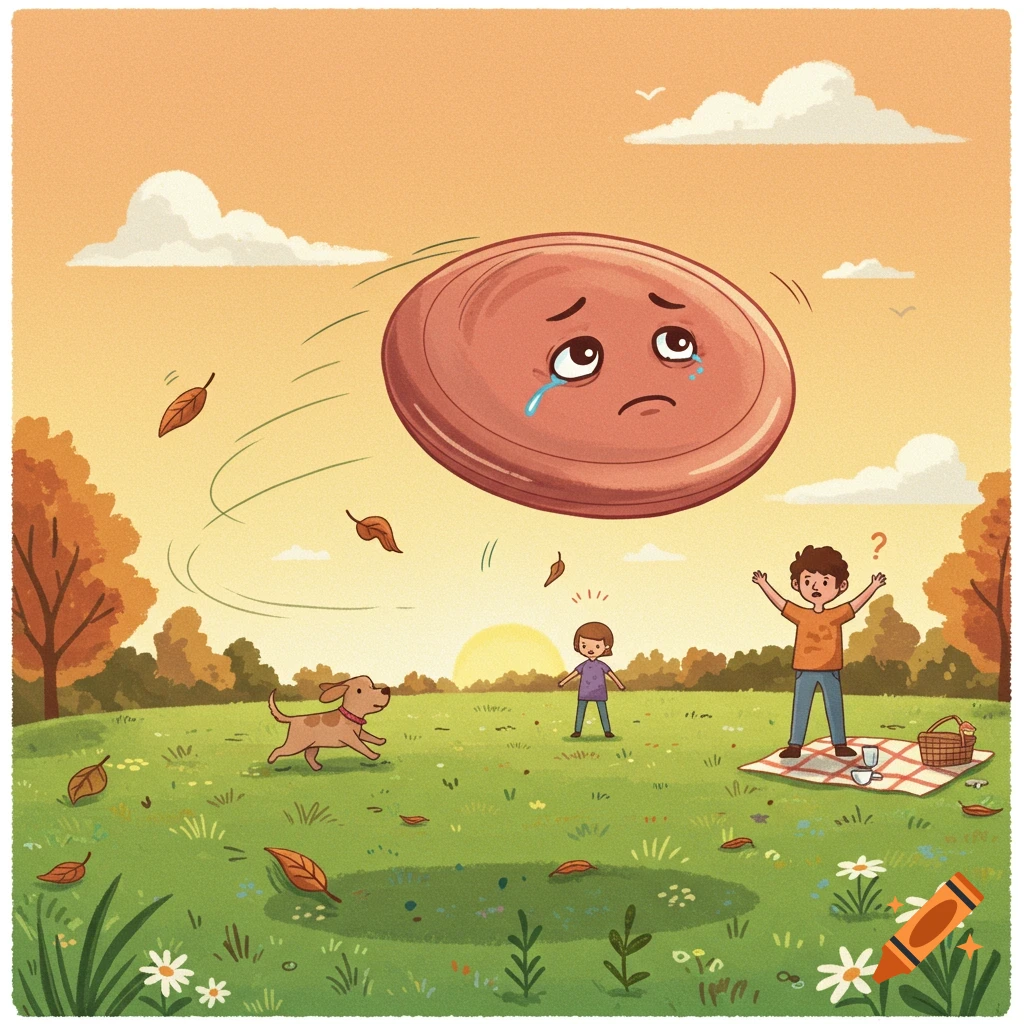 Cartoon of a sad, crying frisbee flying over two children and a dog in an autumn park.