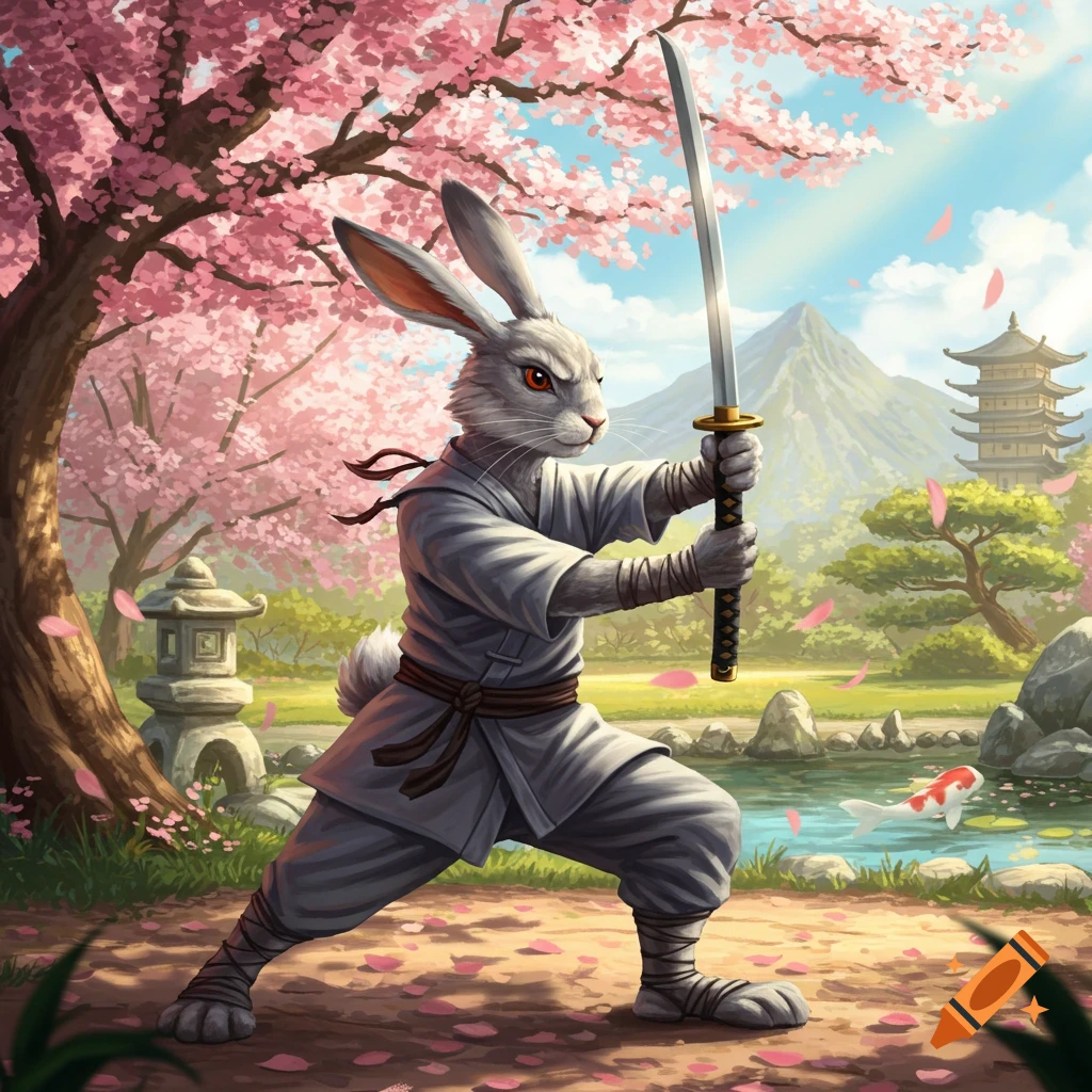 An anthropomorphic rabbit warrior in a white gi holds a katana in a blooming cherry blossom garden with a pagoda and mountain.