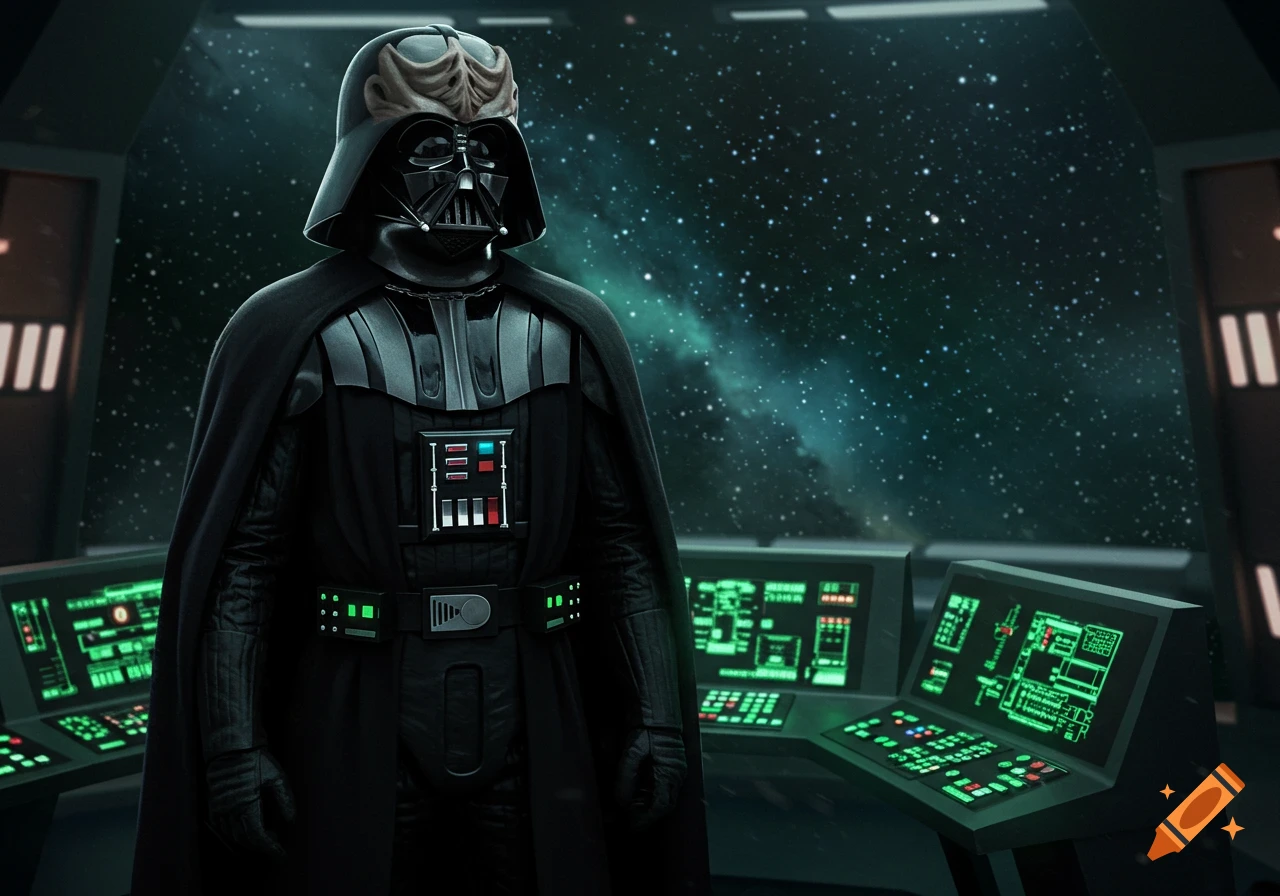 Darth Vader's head is fused with Romulan ridges while he stands on a spaceship bridge overlooking a starry space view, illuminated by glowing green monitors.