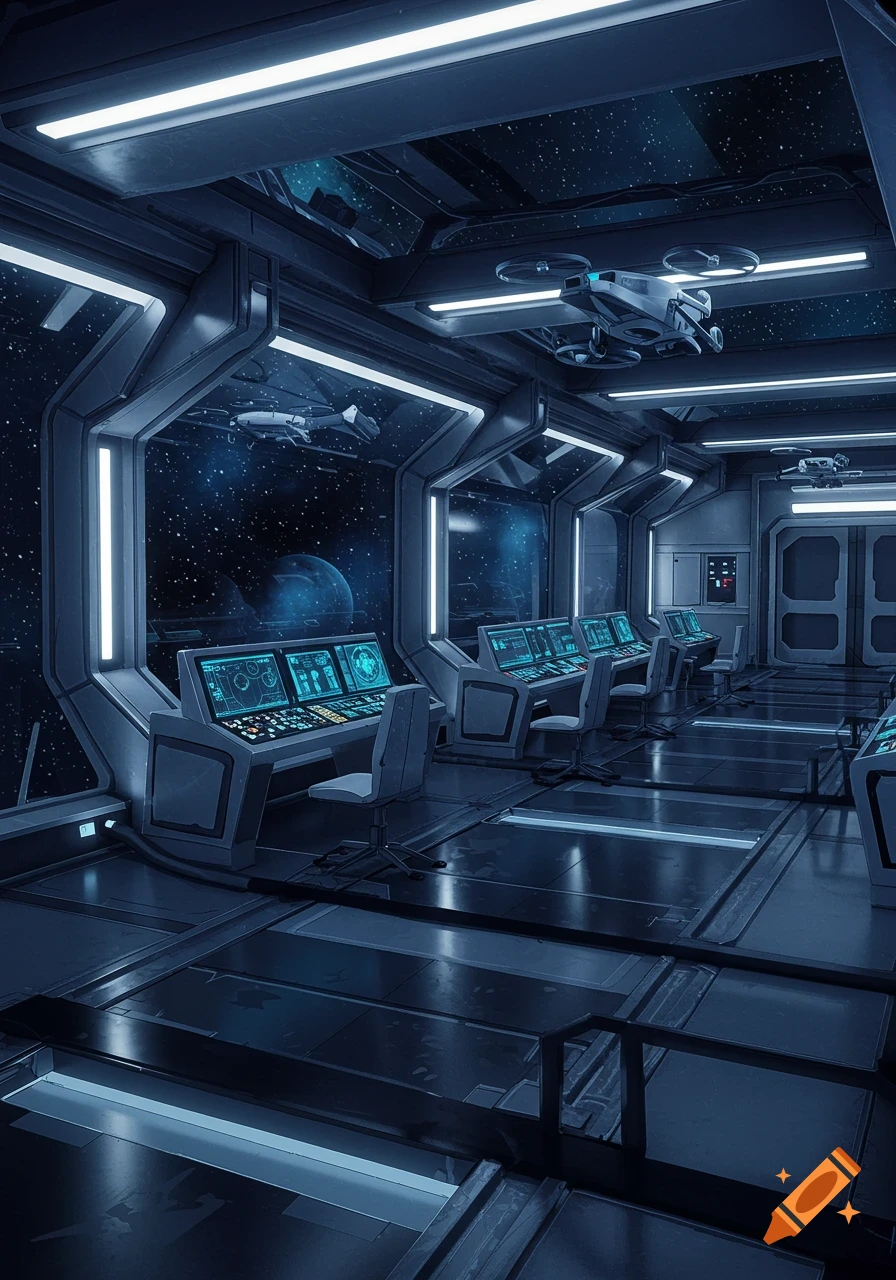 Futuristic Space Station Lobby With Access to Mission Office, Shop,  Training Center, Ship Hangar, and Living Quarters created on Craiyon, image size:896x1280