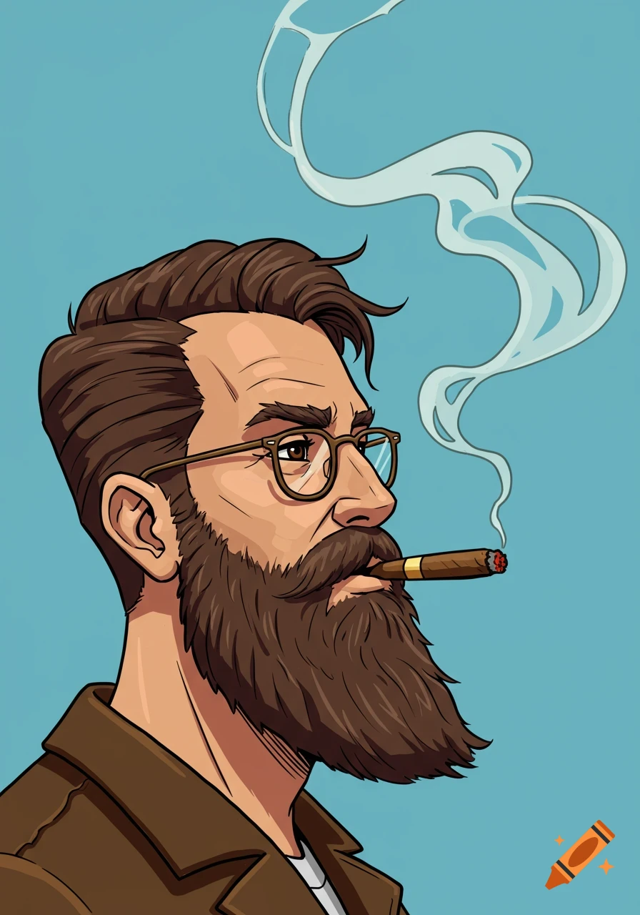Cartoon-style profile of a bearded man with glasses smoking a cigar, with smoke rising above him on a blue background.