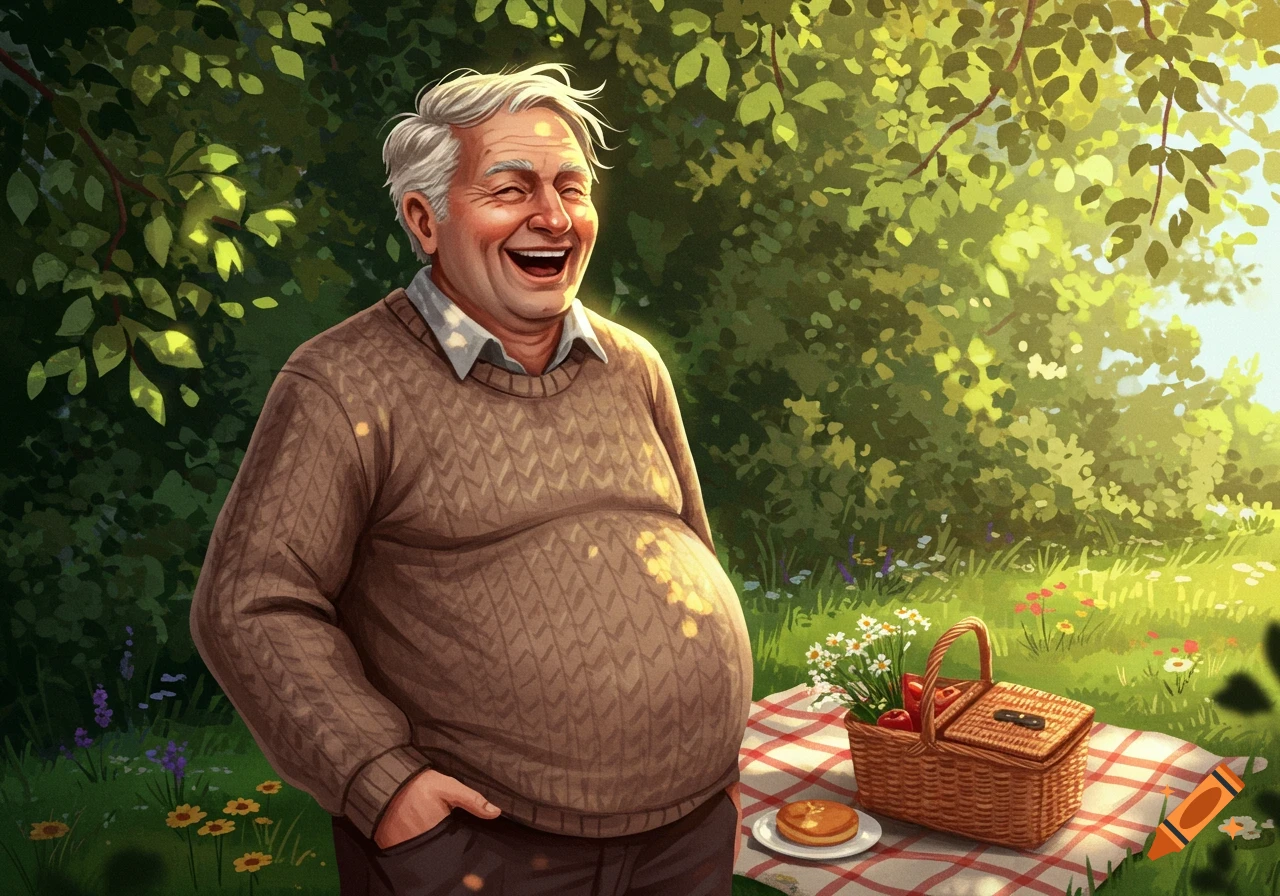 A laughing old man with a big belly sits next to a picnic basket in a sunny park. Illustration.