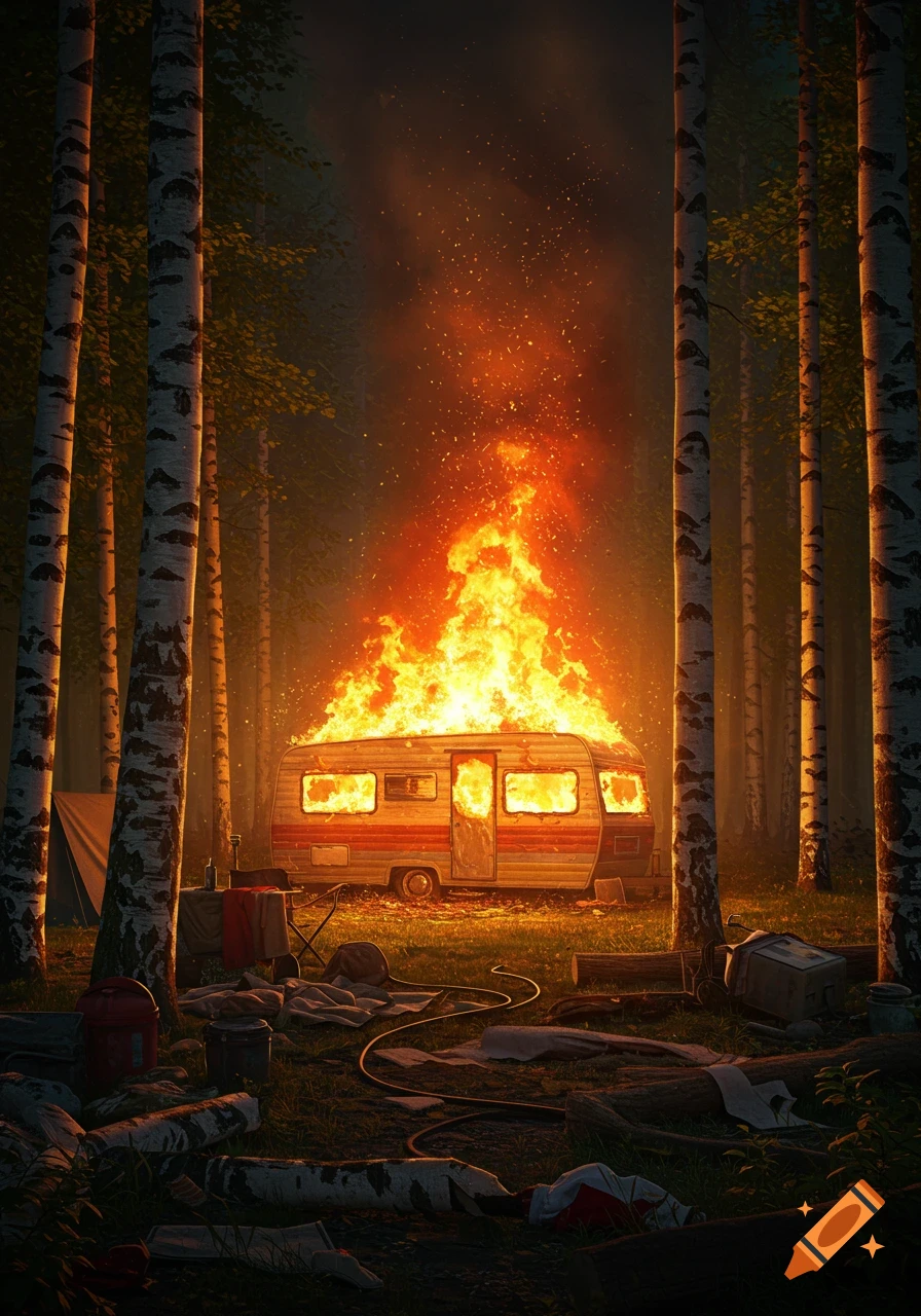 A camper trailer is engulfed in large orange flames, set amidst tall birch trees and scattered camping gear in a dark forest at dusk.