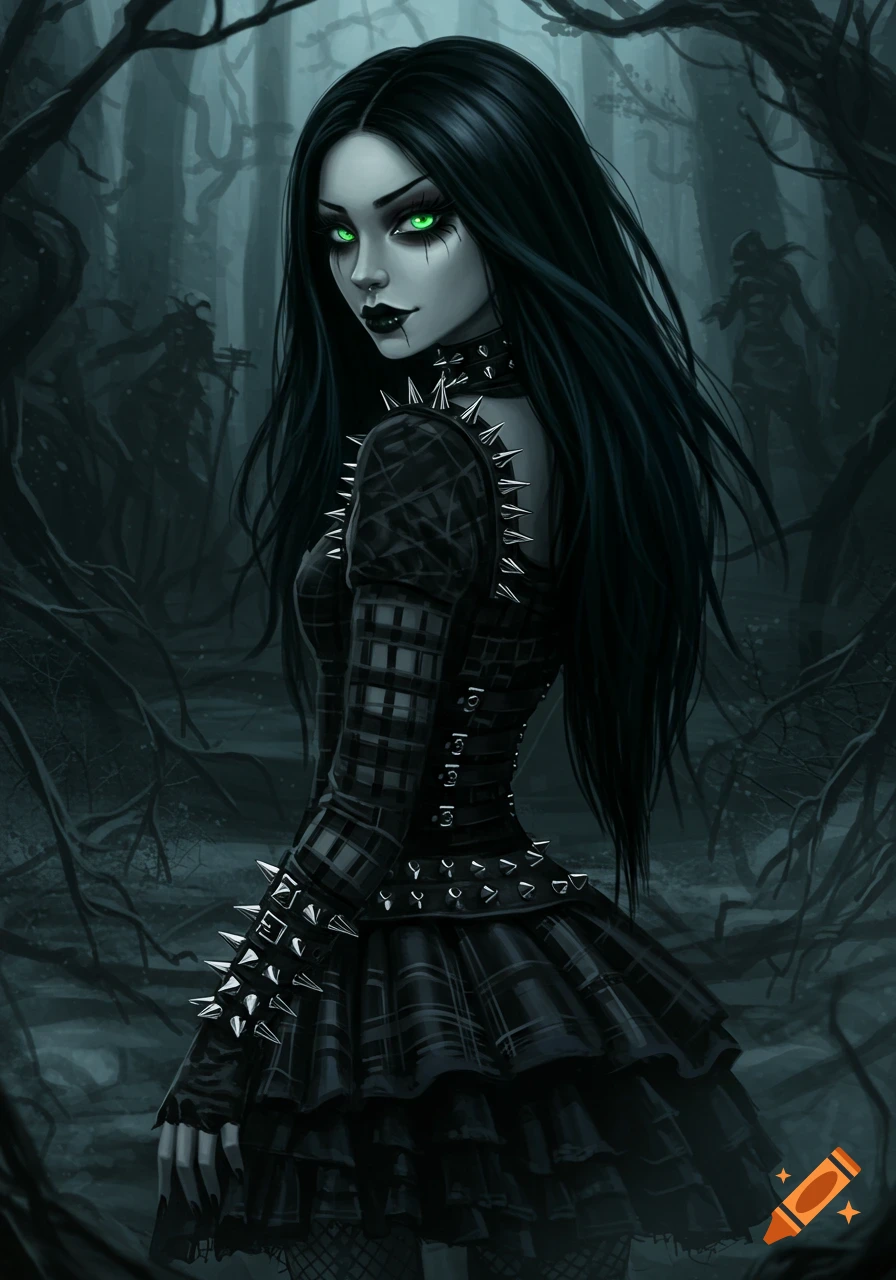 A gothic girl with long black hair, pale skin, and glowing green eyes, wearing a spiked black dress in a dark, eerie forest, digital art.