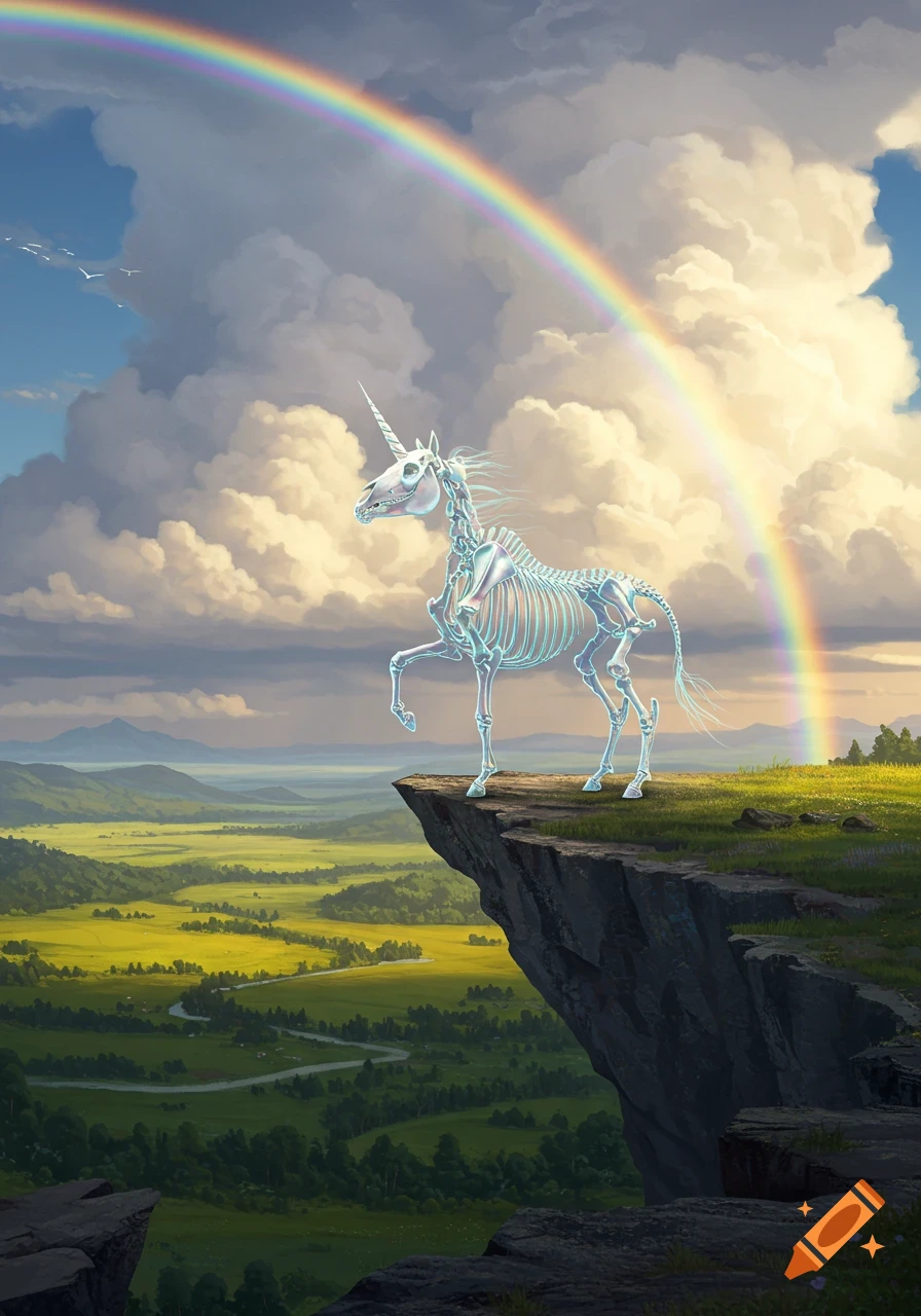 A skeleton unicorn stands on a cliff overlooking a green valley with a winding river, under a bright rainbow and cloudy sky.