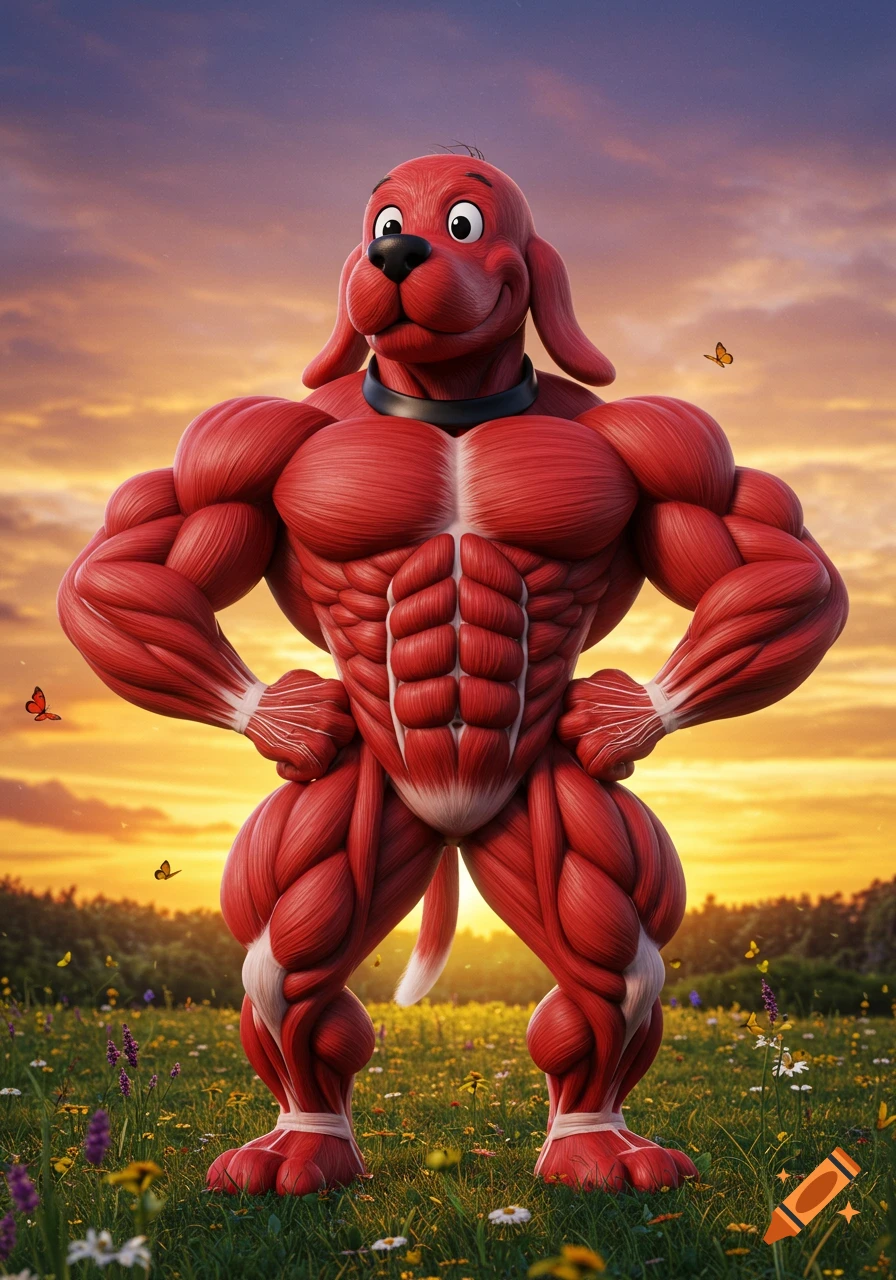 Muscular, anatomically detailed Clifford the Big Red Dog stands in a field of wildflowers at sunset.