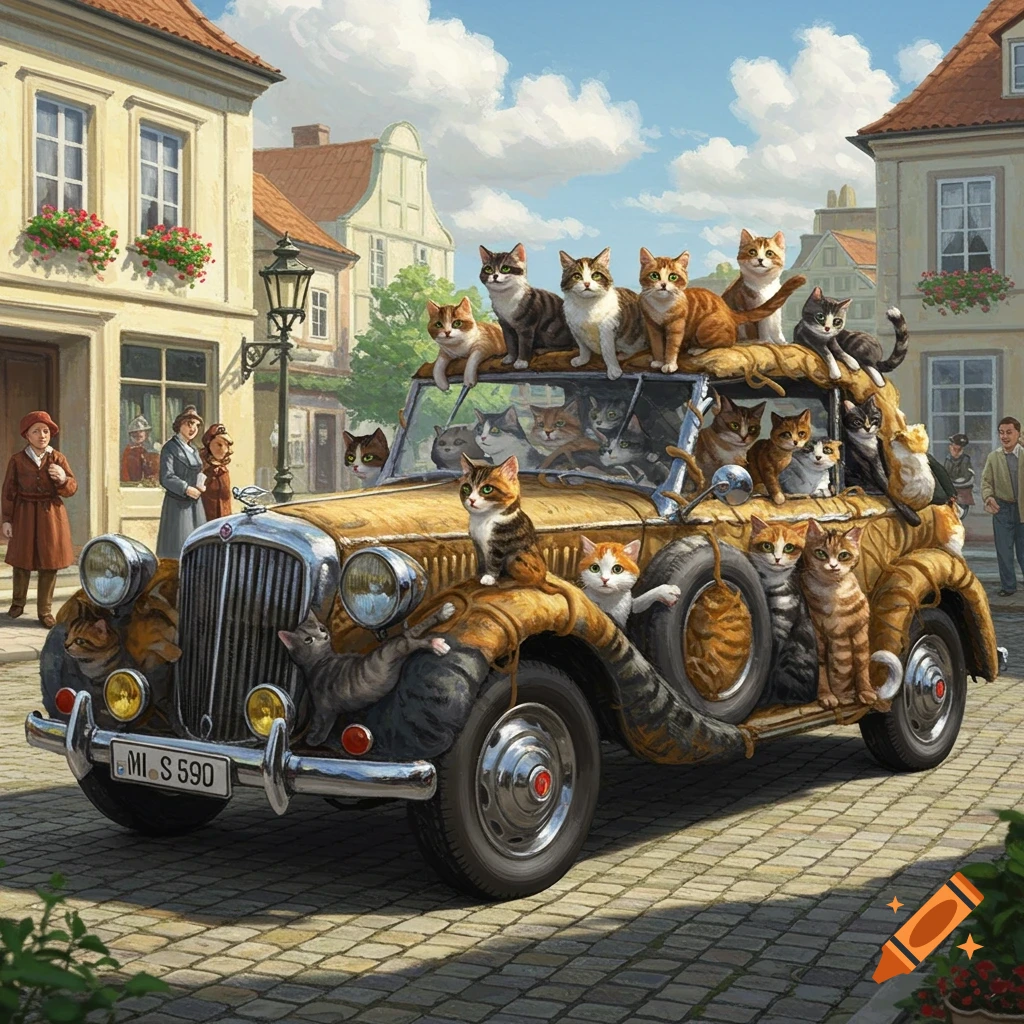 A vintage car, seemingly made of cats, is parked on a cobblestone street in a European town, with numerous cats crawling on it.