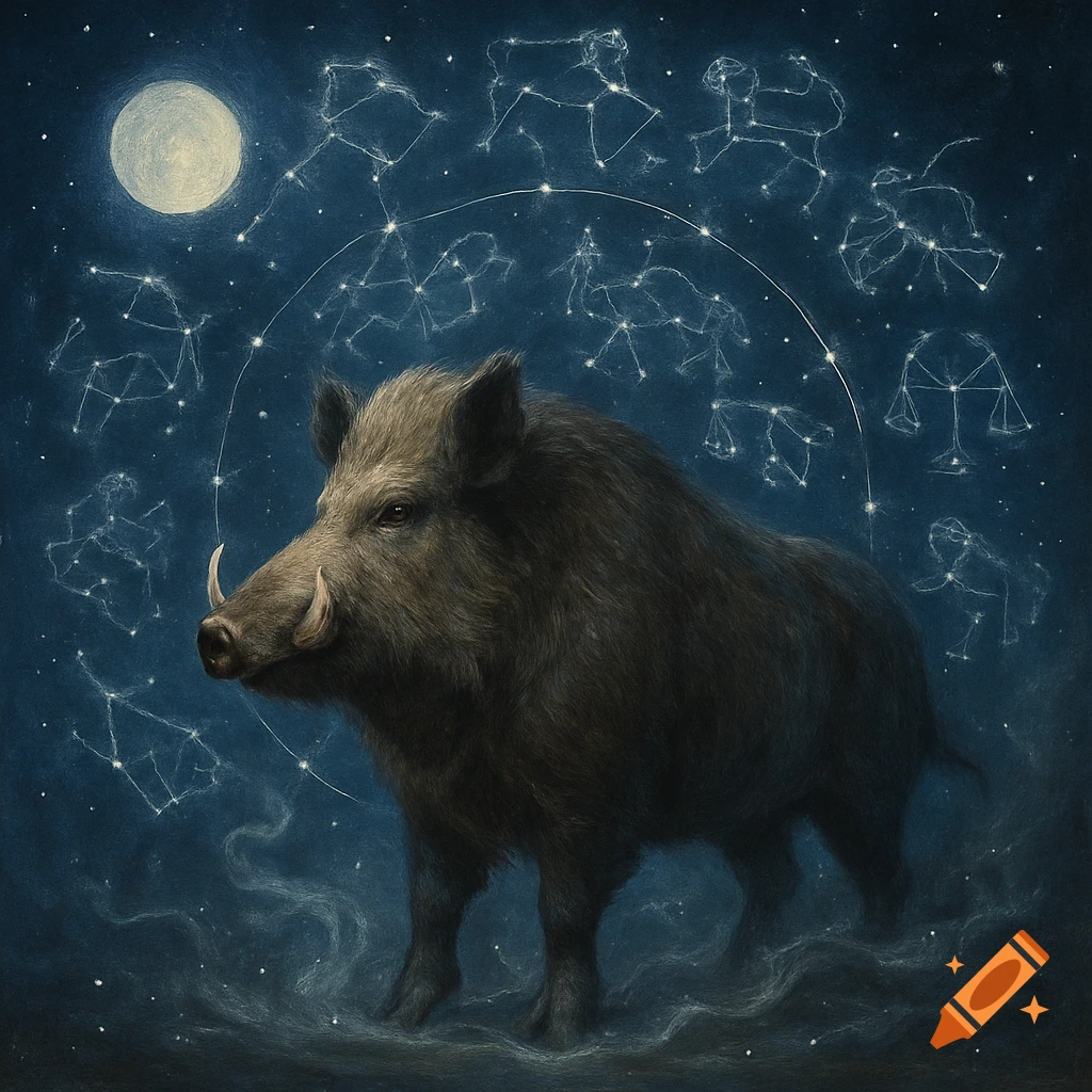 A realistic wild boar stands under a full moon in a dark night sky, surrounded by twinkling stars and astrological constellations.