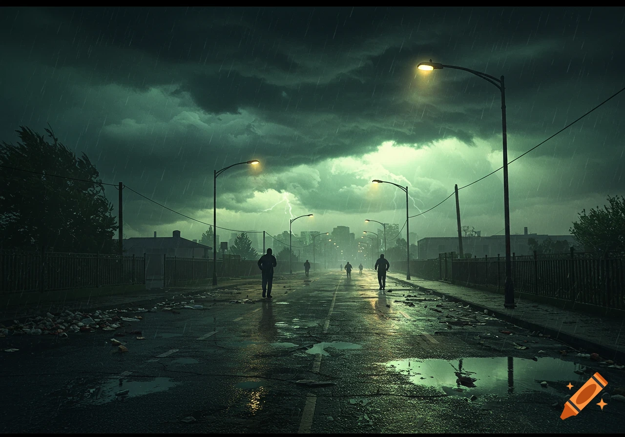 A dark, stormy street scene with several silhouetted figures walking away, wet roads reflecting streetlights, and lightning in the sky.
