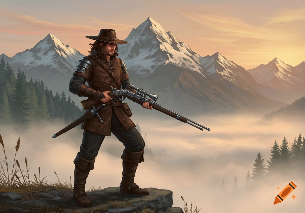 A fantasy hunter in leather armor and hat holds a scoped rifle and sword on a rocky cliff overlooking a foggy mountain range at dawn.