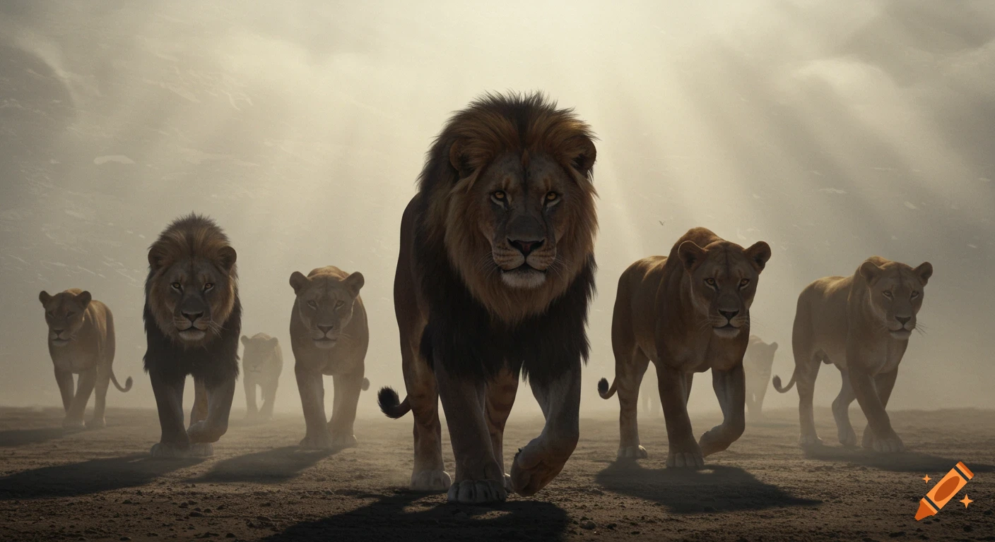 A photorealistic pride of muscular lions, led by a large male, walks on barren ground into bright, hazy light.