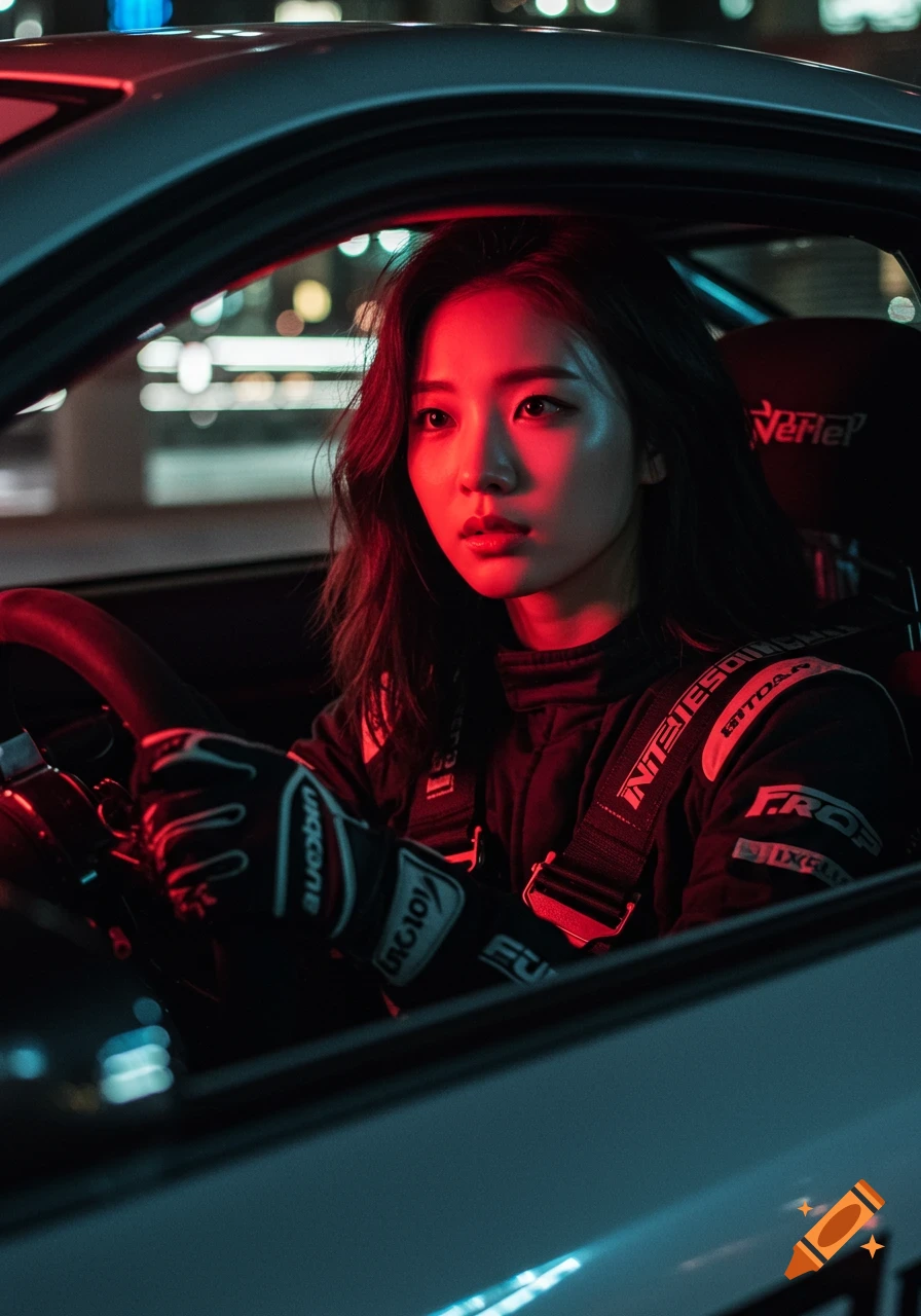Photorealistic portrait of a young woman in a racing suit and gloves, illuminated by red and blue neon lights in a modern race car at night.