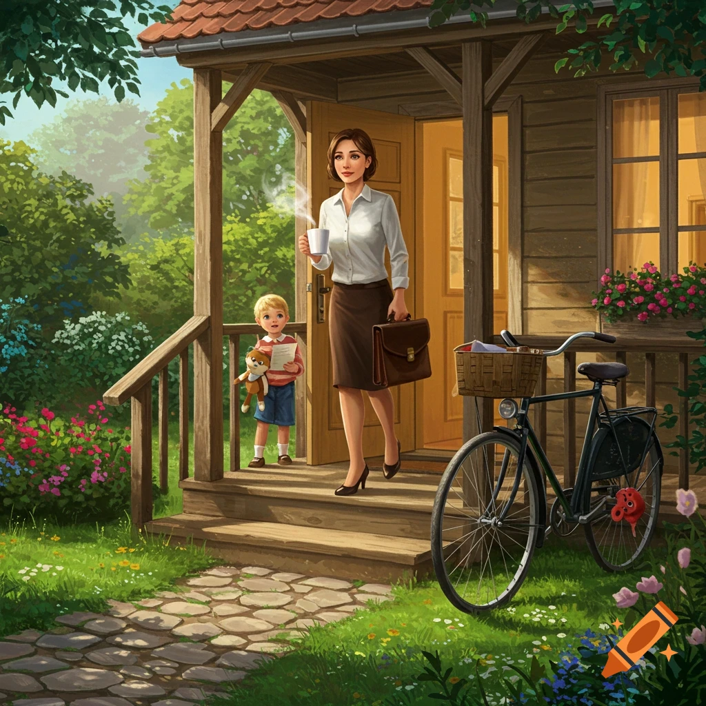 A woman with a coffee cup and briefcase leaves a house, a child with a teddy bear on the porch, in a vibrant illustration.